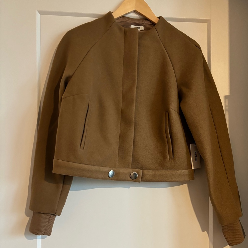 Jason Wu Camel/Tan Snap Button & Zip Crop Bomber Jacket